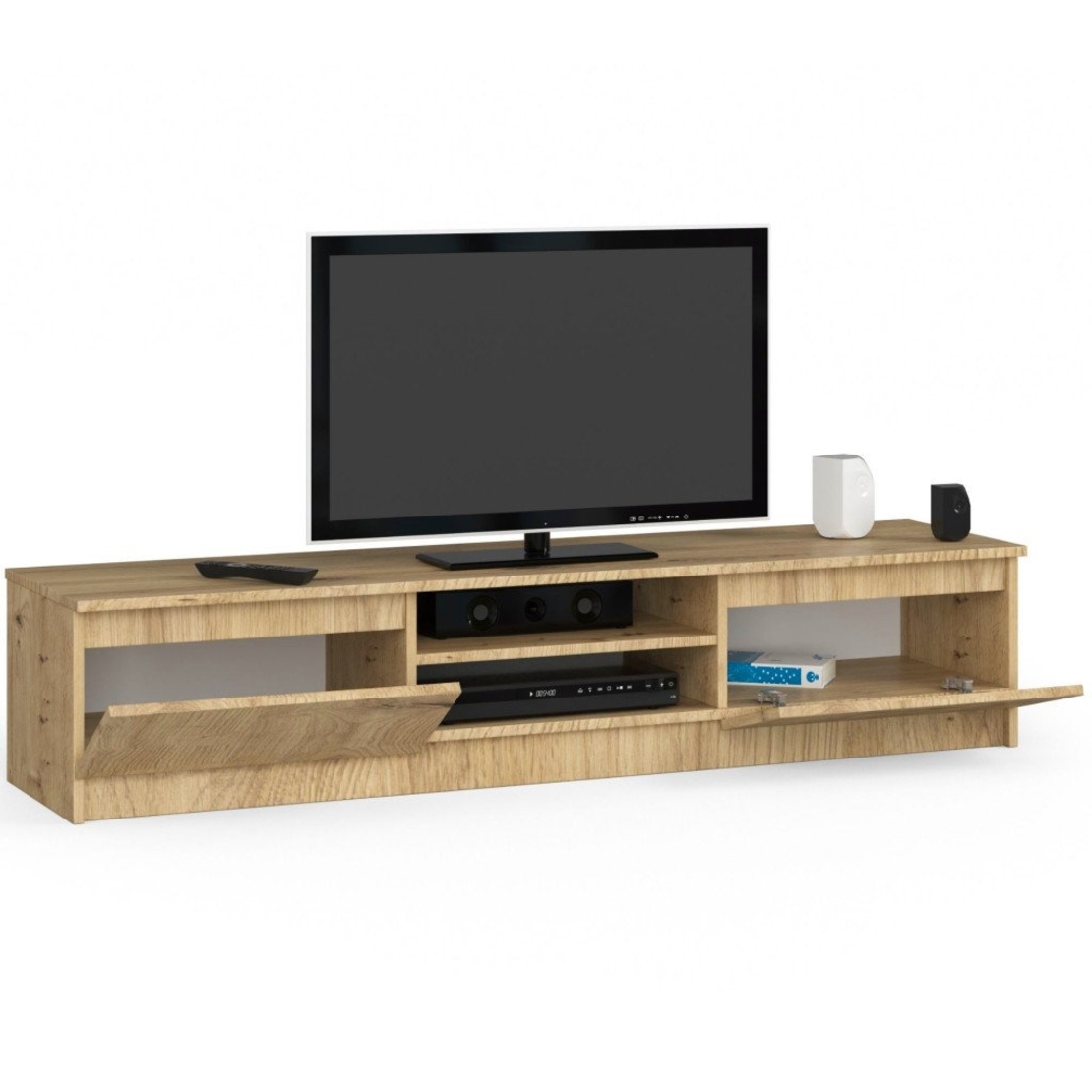 Comoda TV cu 2 usi si rafturi centrale, PAL laminat, 160x40x33 cm, stejar artisan