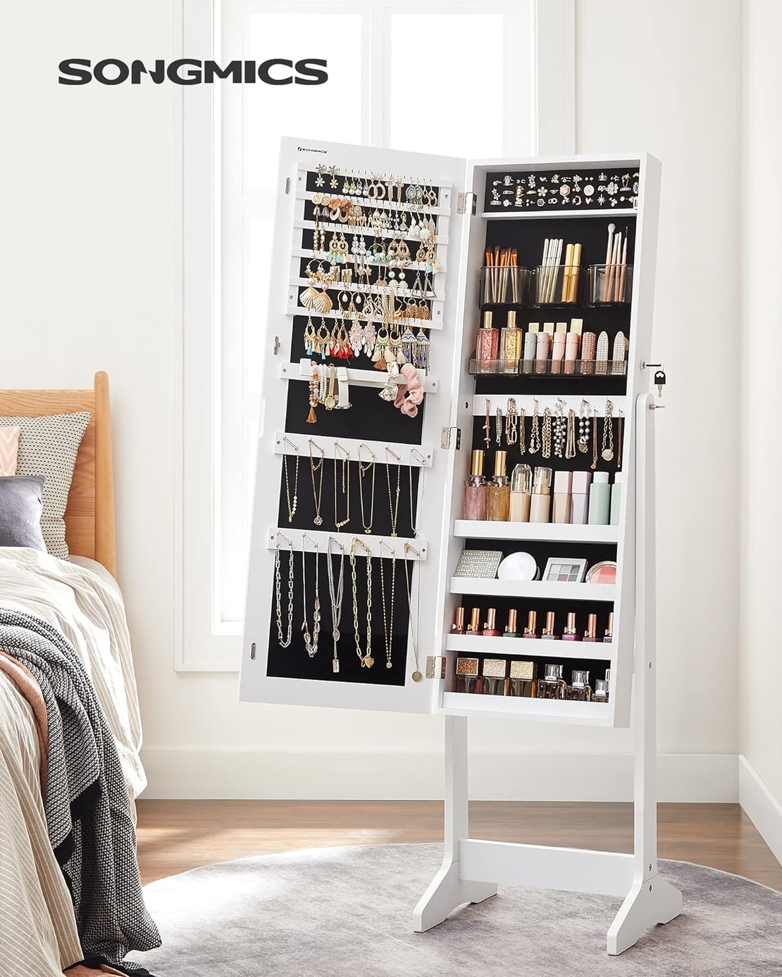 SONGMICS Oglinda de podea cu suport, design fara rama, cu spatiu de depozitare, 41x37x152cm, alb