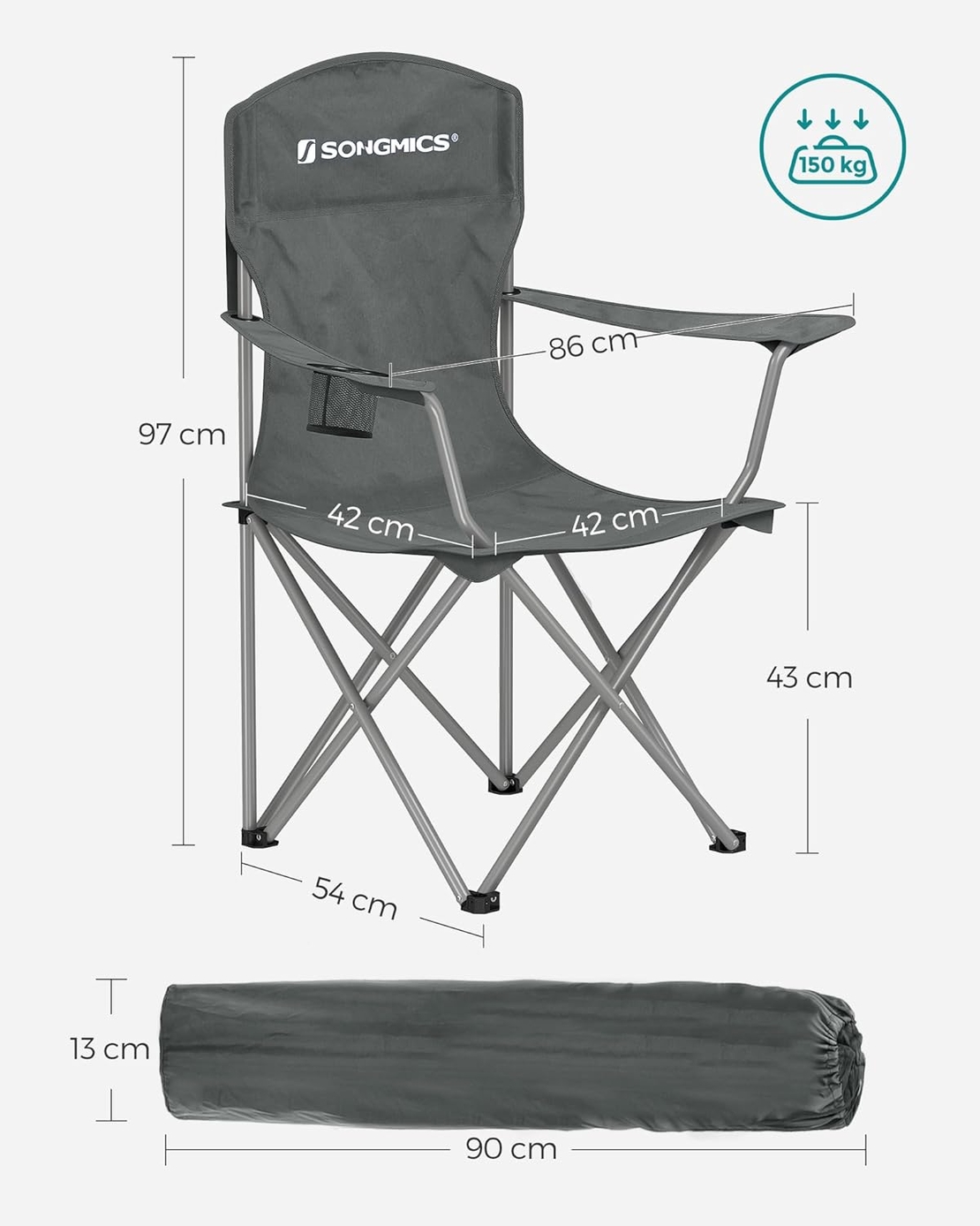 SONGMICS Set 2 scaune pliabile camping cu suport bauturi, husa transport, 150 kg, 54x86x97 cm, gri