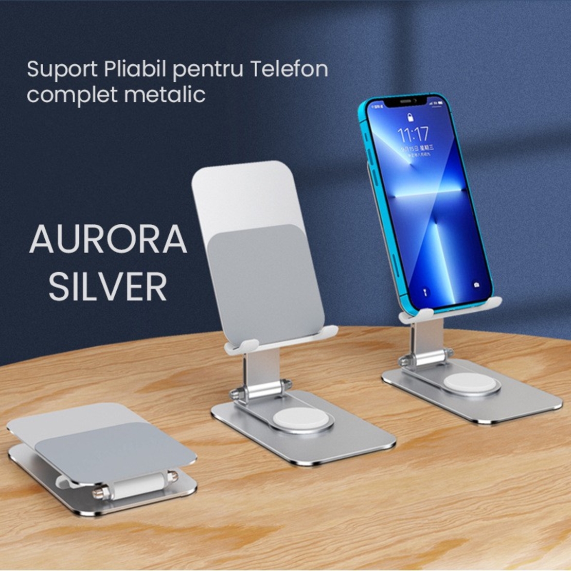 Suport pentru Telefon, Flippy, Suport Pliabil pentru Streaming, din Aliaj de Aluminiu, Compatibil cu Tableta, pentru Birou, 14.6 x 11.5 x 7 cm, Aurora Silver