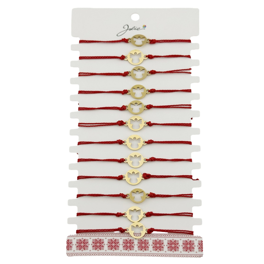 Bratara Martisor pentru Dama, Jolie, Model Inger, Set 12 bucati, Pandativ din Inox Auriu, Snur Ajustabil Impletit, Rosu