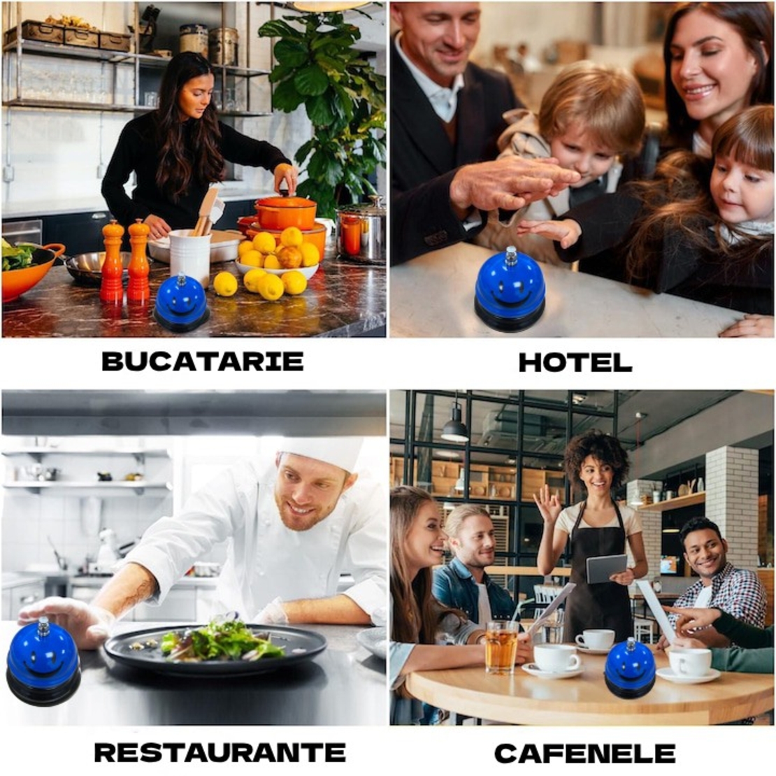 Clopotel Metalic Multifunctional, Flippy, Albastru cu Imprimeu Smiley Face, 7.5x7.5x6.5 cm, Receptie, Restaurant, Cafenele