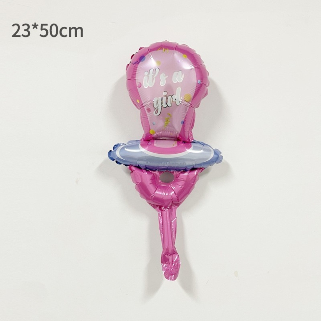 Balon din Folie Metalizata, Vafy, Mini Figurina, Model Suzeta, Tematica Gender Reveal, 23x50 cm, Ambalaj Individual, Pai Inclus, Umflare cu Aer sau Heliu, Roz