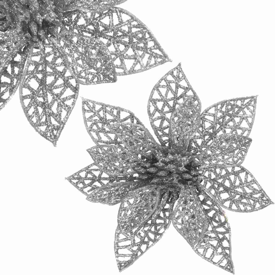 Set 10 ornamente pentru bradul de Craciun, stea Poinsettia, 10cm, argintiu
