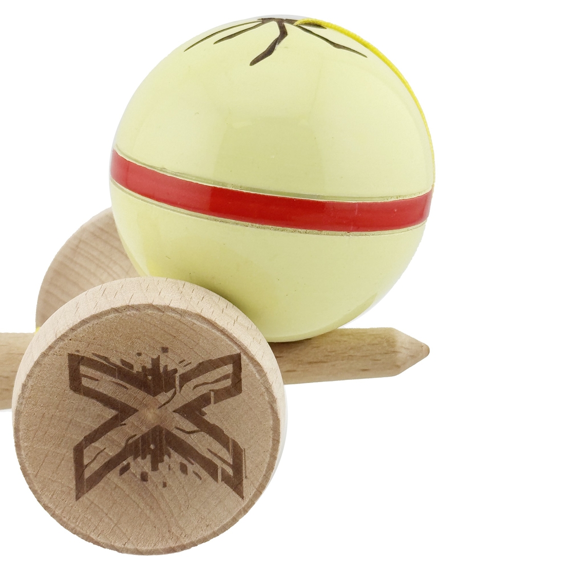 Kendama X Originala Silken, Profesionala, Flippy, Cupe Mari KING SIZE V3, Super Sticky, Gaura in Baza, Rulment Metalic, din lemn 18 cm, Ata 62/65 cm, Cream Galben