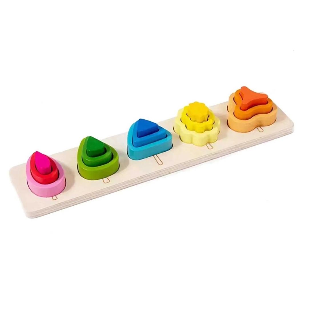 Jucarie Montessori din Lemn, Flippy, Tip Puzzle, cu 5 Forme Asimetrice, 15 Piese, Educativa, Interactiva, Creativa, Model Copaci, Materiale Non Toxice, +2 Ani, 29x6.5 cm, Multicolor