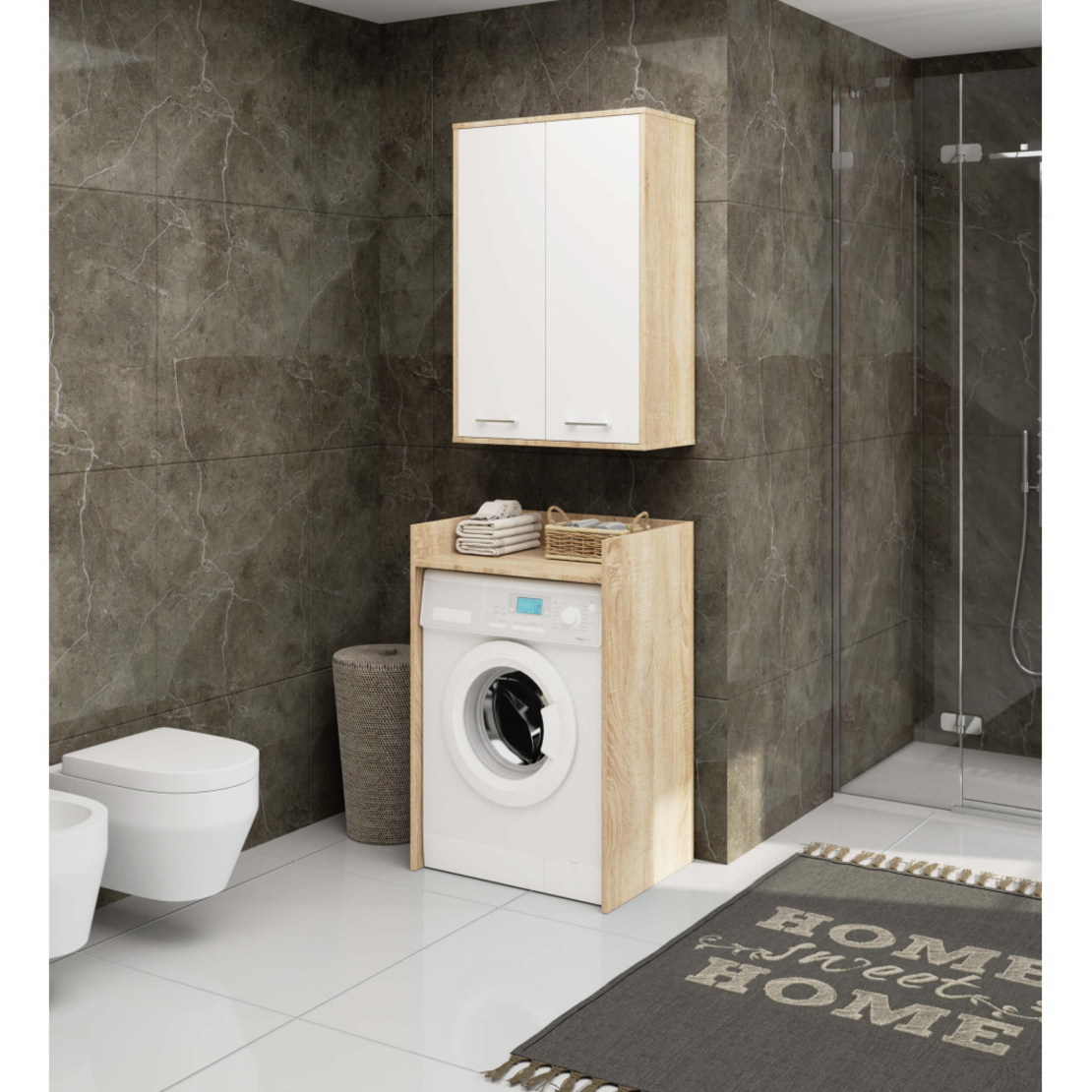 Dulap baie suspendat, cu 2 usi si 4 rafturi interioare, PAL 16 mm, 64x30x94 cm, stejar sonoma si alb