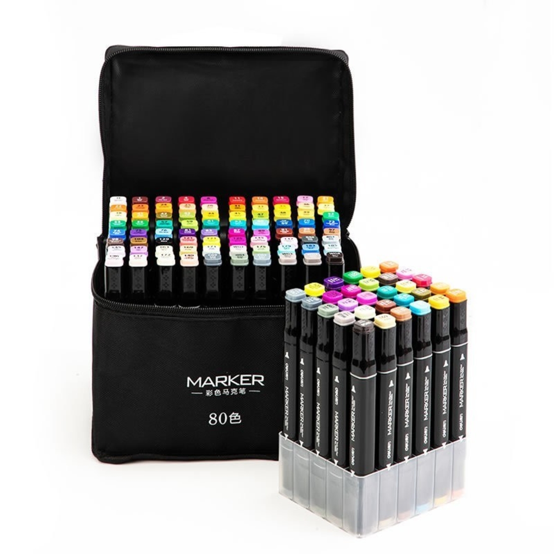 Set 80 Markere, Flippy, pe Baza de Alcool, Dublu Capat, Subtire 1mm si Gros 6 mm, Geanta Depozitare, 15 cm, Multicolor