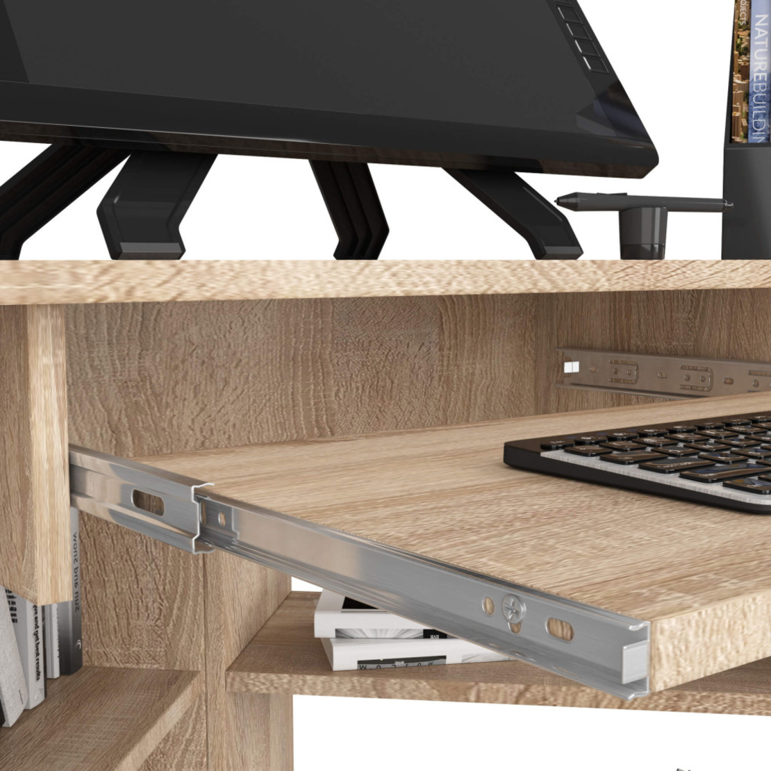 Birou de colt TED, cu rafturi si polita glisanta pentru tastatura, 80x80x74 cm, stejar sonoma