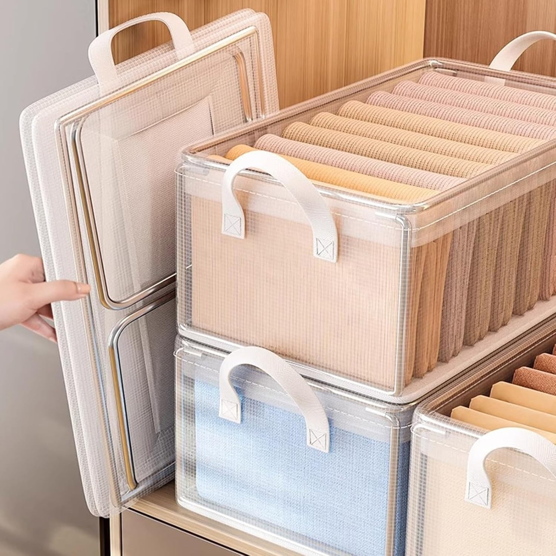 Cutie container de depozitare din PVC, Flippy, de stocare, Dimensiuni multiple, Accesoriu robust pentru organizarea de uz casnic, volum 26L, 47 x 28 x 20 cm, Transparenta