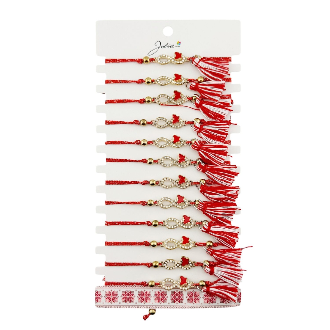 Martisor Bratara cu Ciucure pentru Dama, Jolie, Model Infinit cu Fluture, Set 12 bucati, Pandativ din Inox cu Pietre, Snur Reglabil, Rosu/Alb