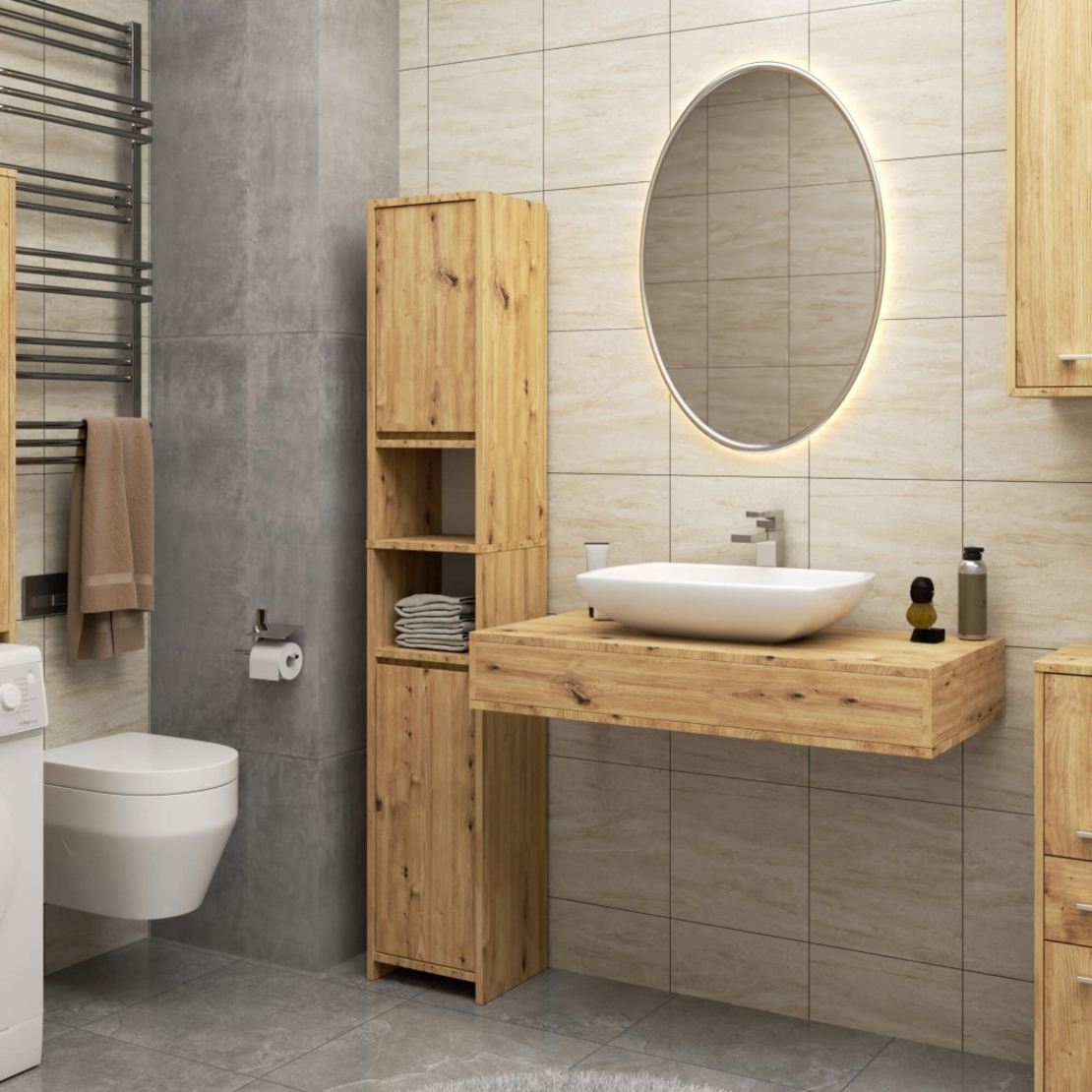 Dulap de baie tip baza, cu usa reversibila si raft interior, PAL 16 mm, 30x30x85 cm, stejar artisan