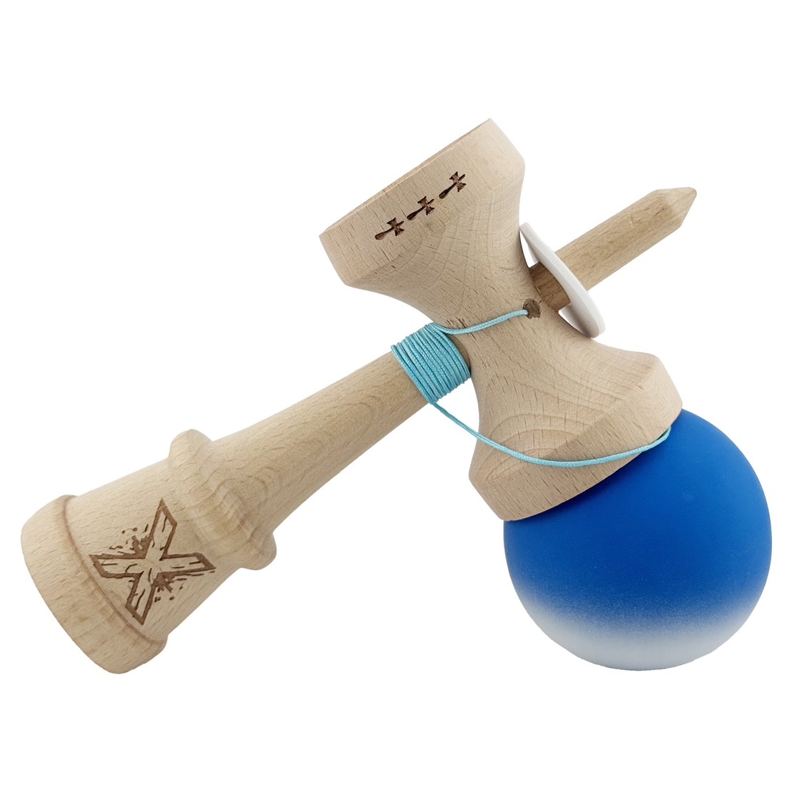 Kendama X Originala, Profesionala, Flippy, Rubber Grip, Cupe Mari KING SIZE V3, Gaura in Baza, Rulment Metalic, din lemn 18 cm, Ata 62/65 cm, Gradient Albastru/Alb