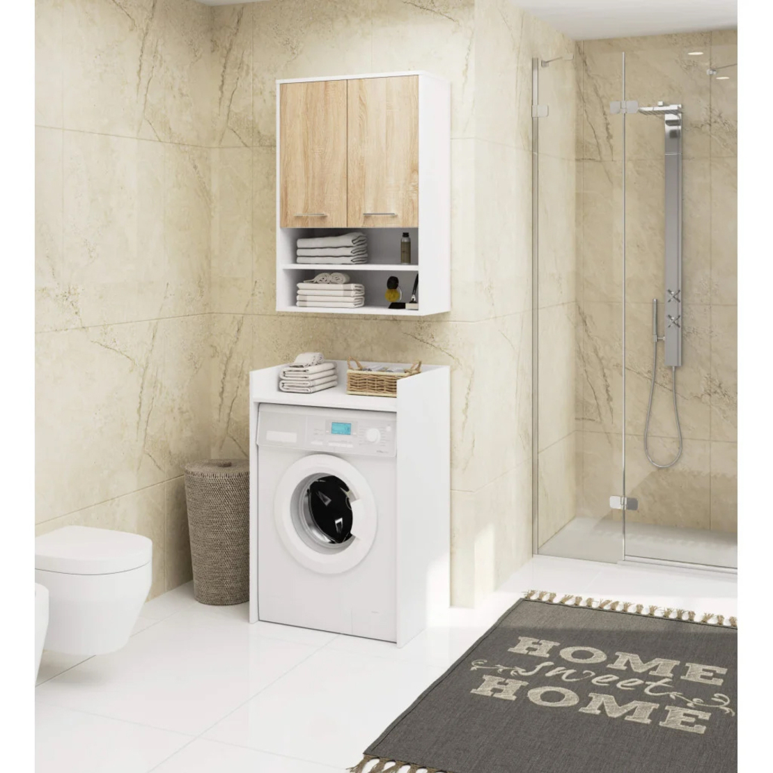 Dulap baie suspendat, cu 2 usi si 2 rafturi deschise, PAL 16 mm, 64x30x94 cm, alb si stejar sonoma