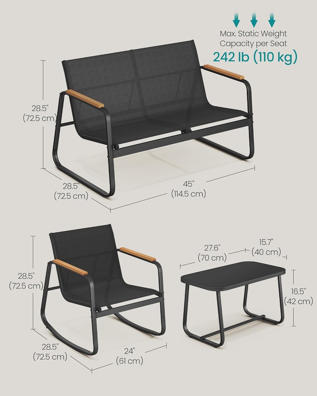 SONGMICS Set mobilier gradina 4 locuri, 2 scaune balansoar, canapea si masa, cadru metalic, negru