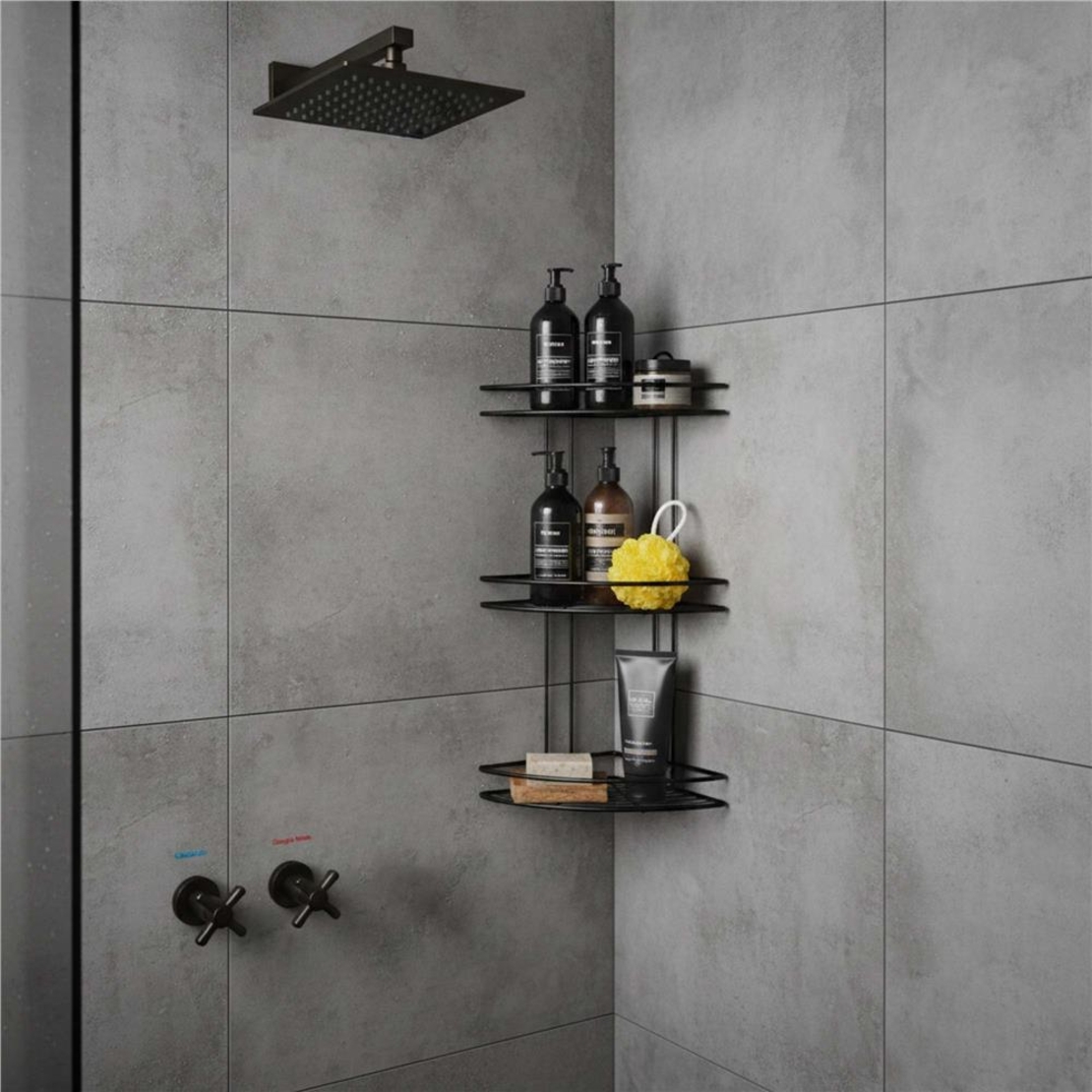 Etajera de colt pentru dus, cu 3 polite, montaj pe perete, inox, 25x25x59 cm, negru