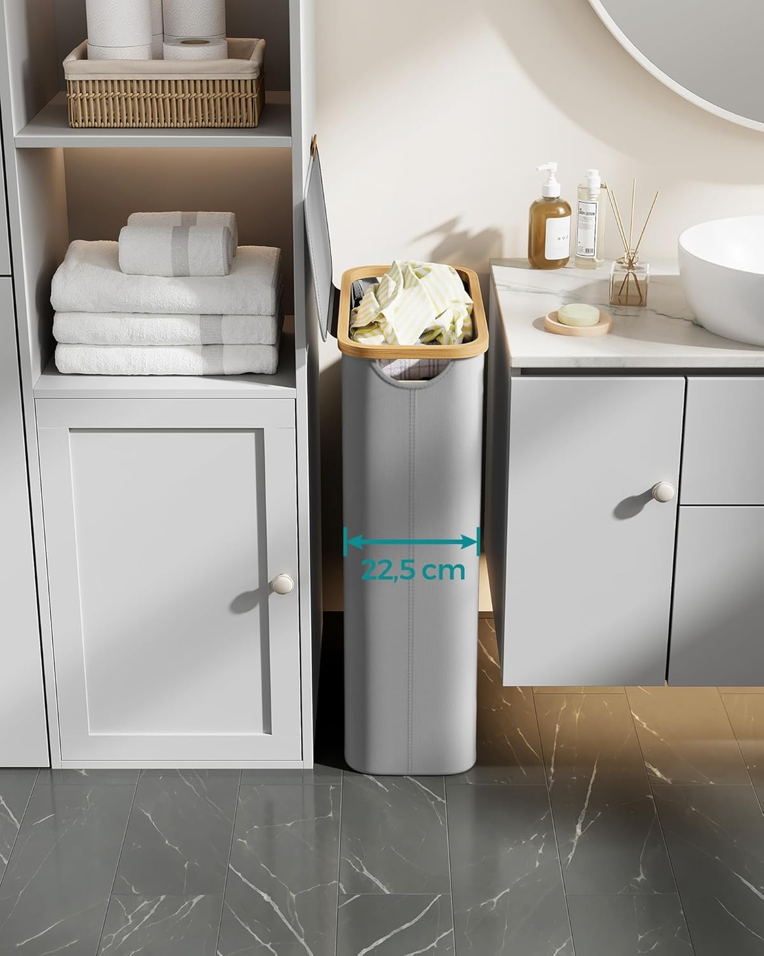 SONGMICS Cos rufe slim pentru spatii inguste, sac detasabil, 65 litri, 42x23x71 cm, gri