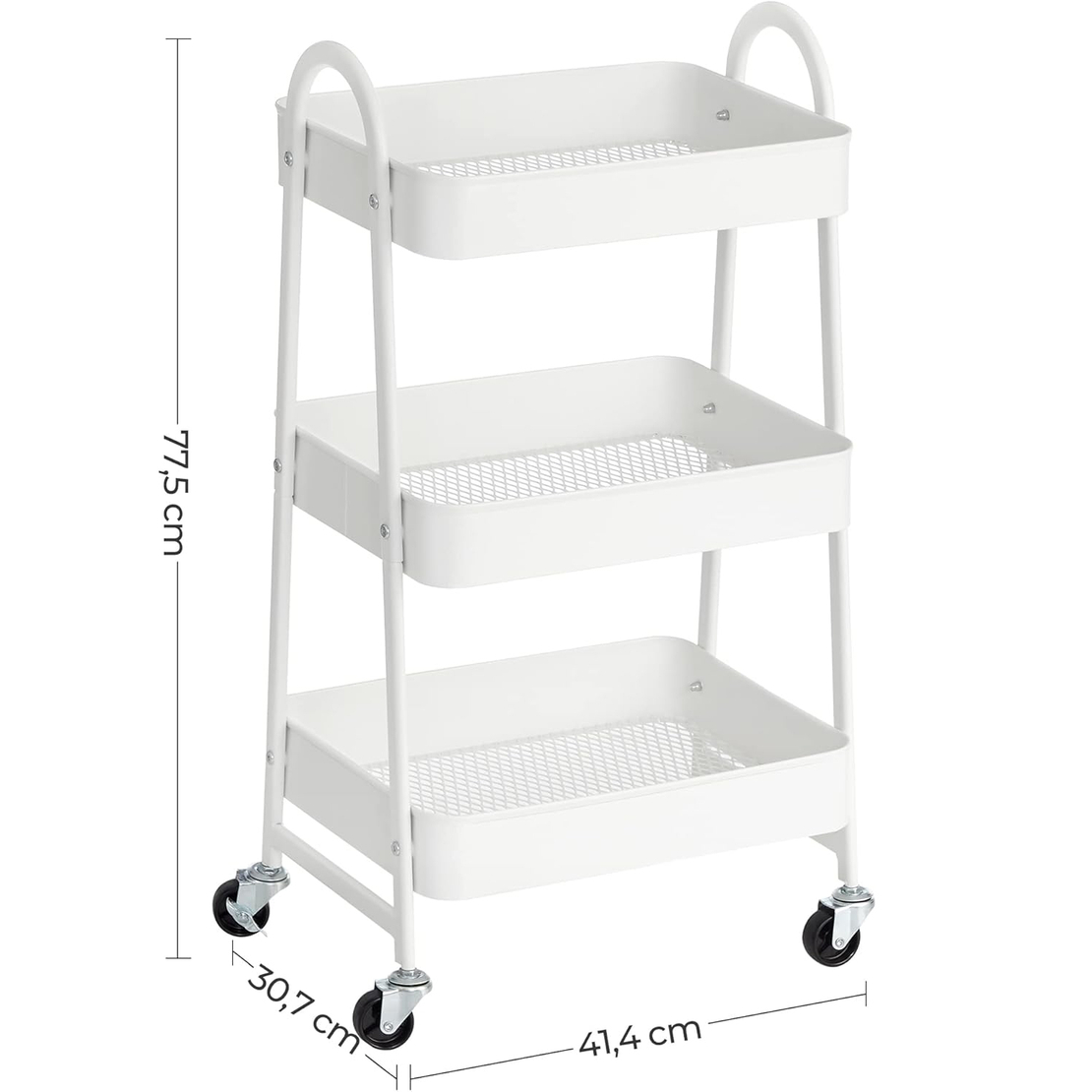 SONGMICS Carucior depozitare 3 niveluri cu roti si frane, structura metalica, 41x31x78 cm, alb
