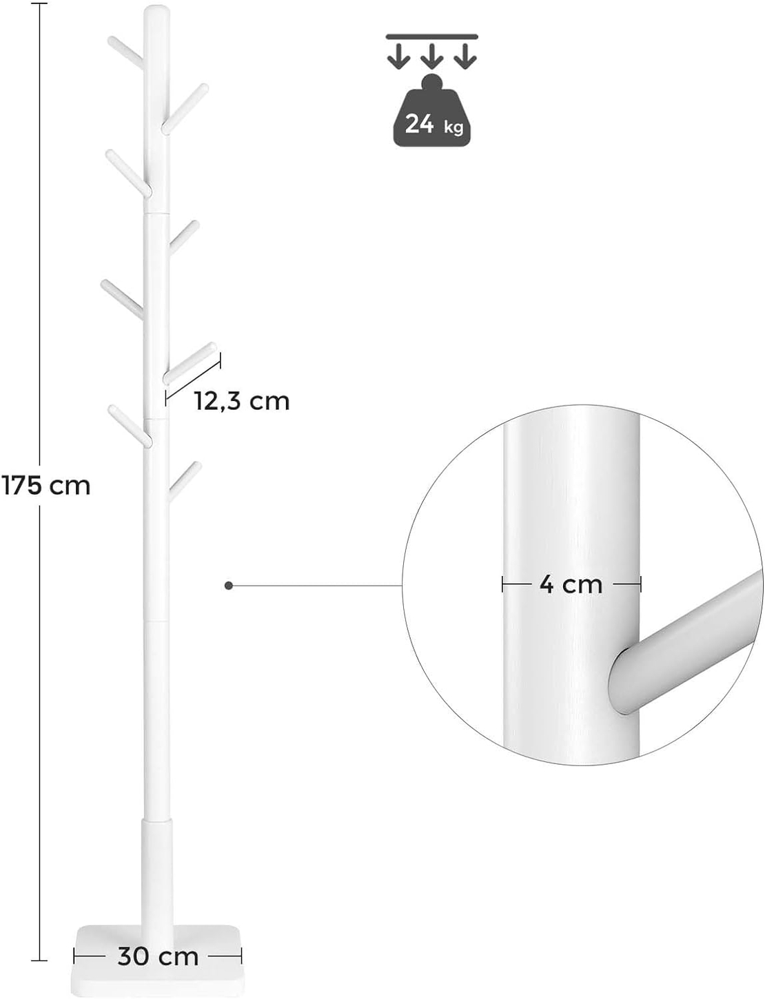 VASAGLE Cuier pentru haine, din lemn masiv, tip pom, cu 8 carlige, baza patrata, 175cm, alb