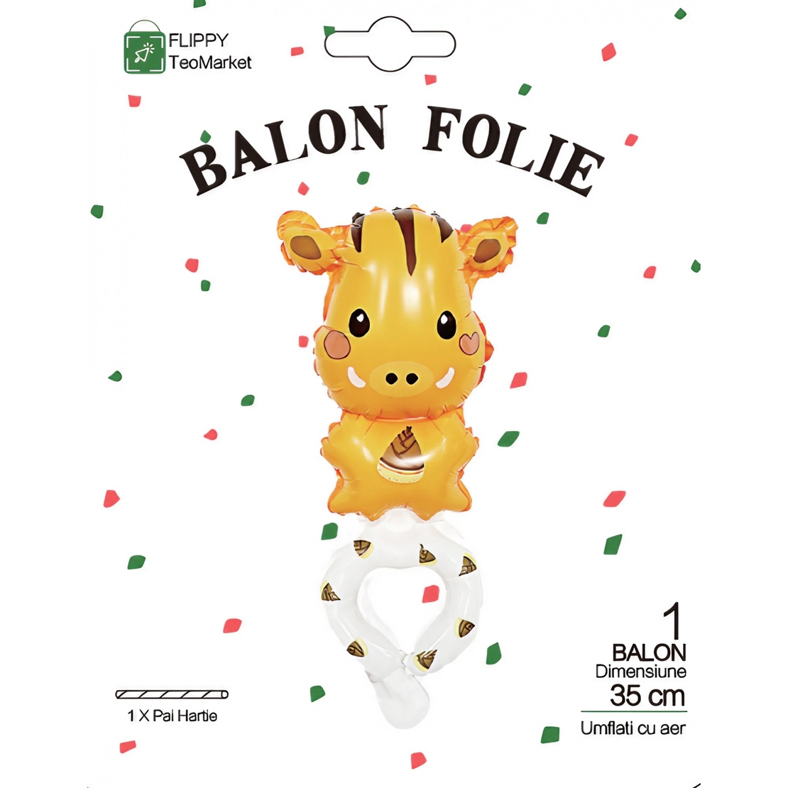Balon din Folie Metalizata, Vafy, Figurine Animalute, Tip Bratara, Model Girafa, 13 x 35 cm, Ambalaj Individual, Pai Inclus, Umflare cu Aer sau Heliu, Maro