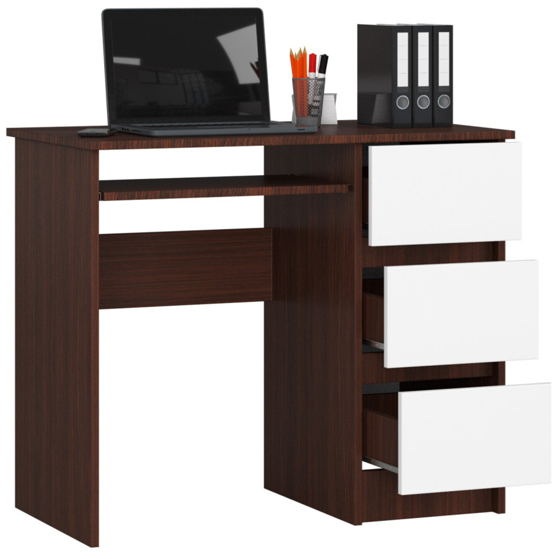 Birou computer cu 3 sertare si raft pentru tastatura, dreapta, 90x50x77 cm, maro wenge si alb