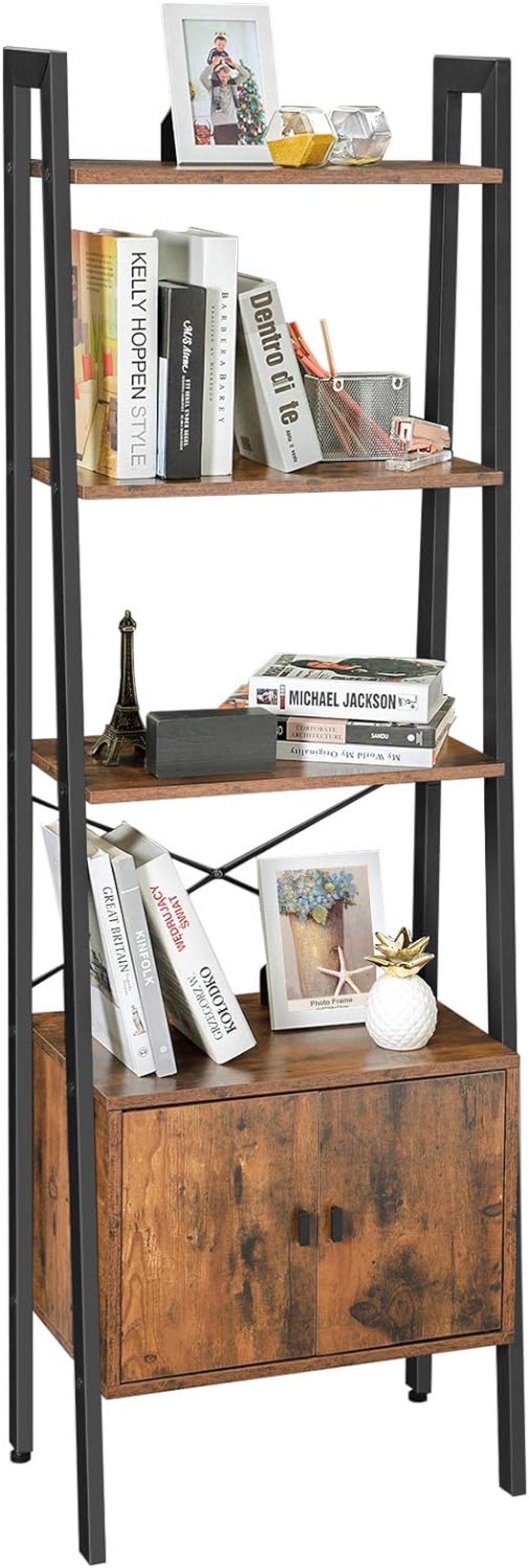 VASAGLE Biblioteca tip scara, cu dulap si 4 rafturi din MDF, stil industrial, 34x56x172cm, maro rustic si negru