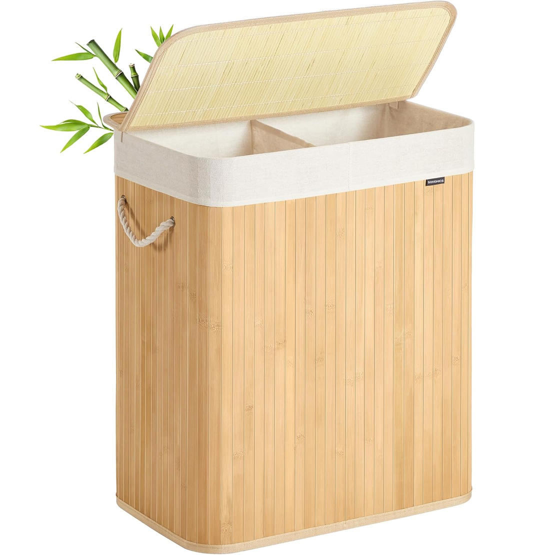 SONGMICS Cos rufe din bambus cu 2 compartimente, sac detasabil, 100 litri, 52x32x61 cm, maro natur