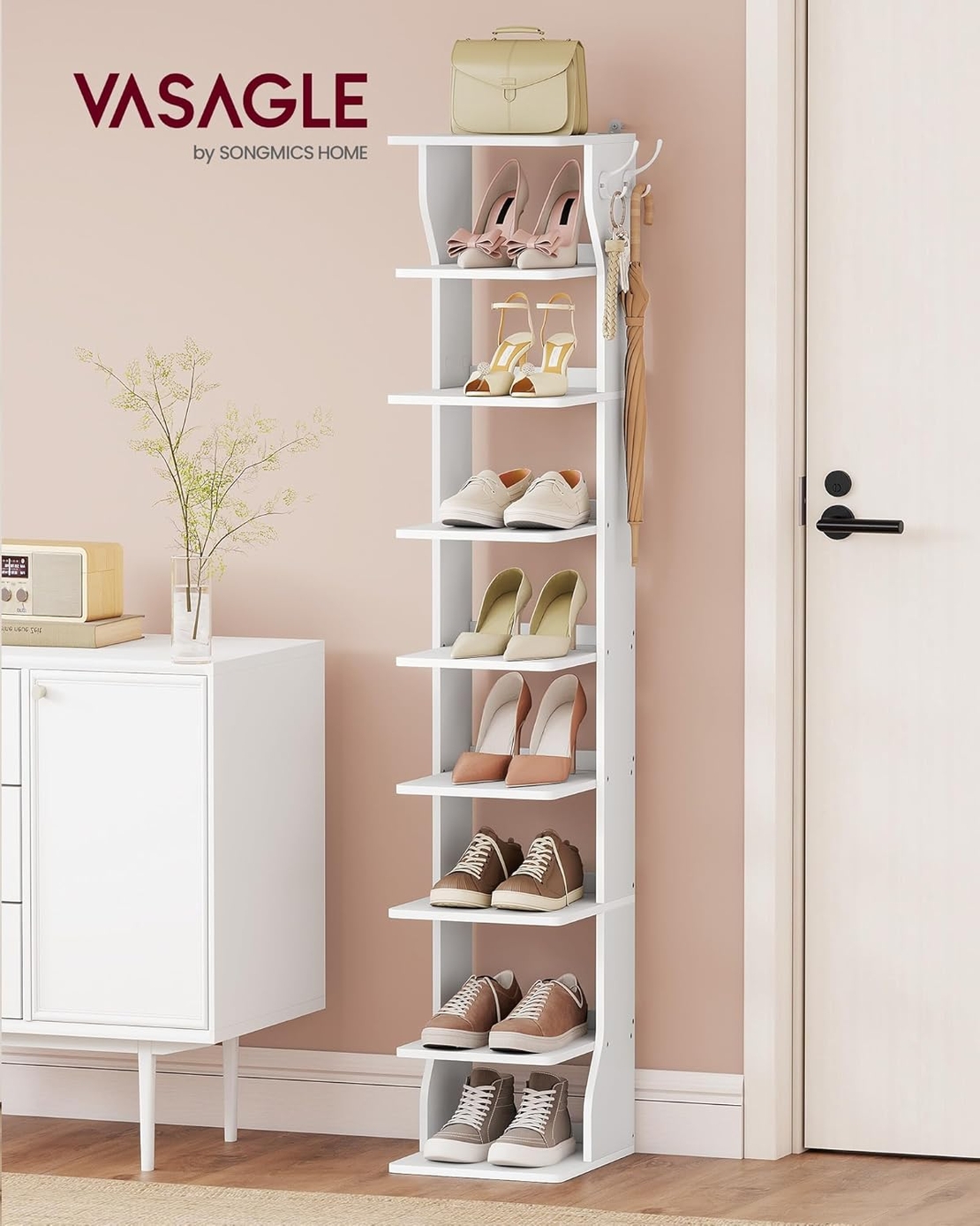 VASAGLE Raft pantofi pentru spatii inguste, 9 niveluri, cu carlige laterale, montaj pe podea, 26x30x147 cm, alb