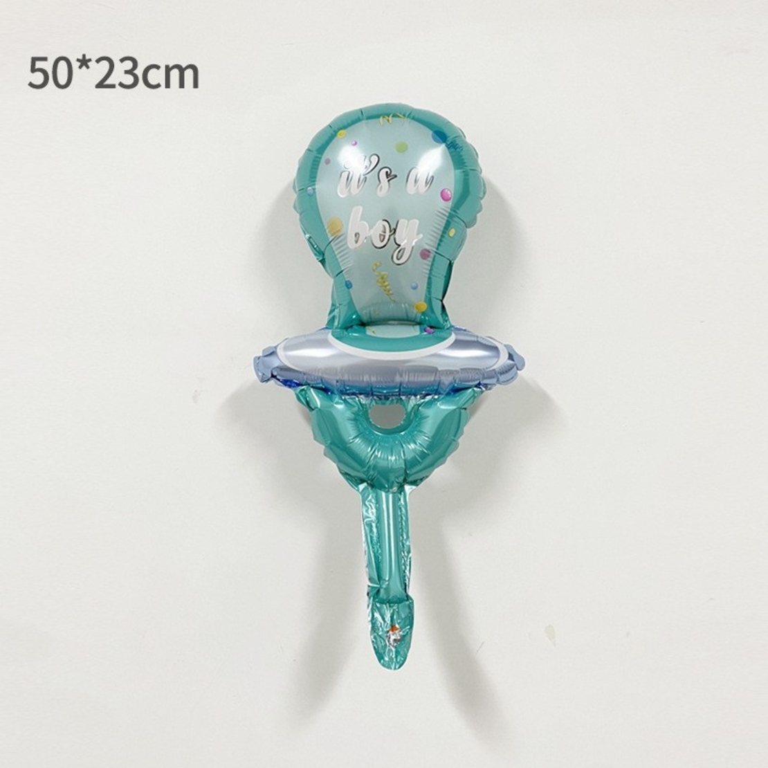 Balon din Folie Metalizata, Vafy, Mini Figurina, Model Suzeta, Tematica Gender Reveal, 23x50 cm, Ambalaj Individual, Pai Inclus, Umflare cu Aer sau Heliu, Albastru