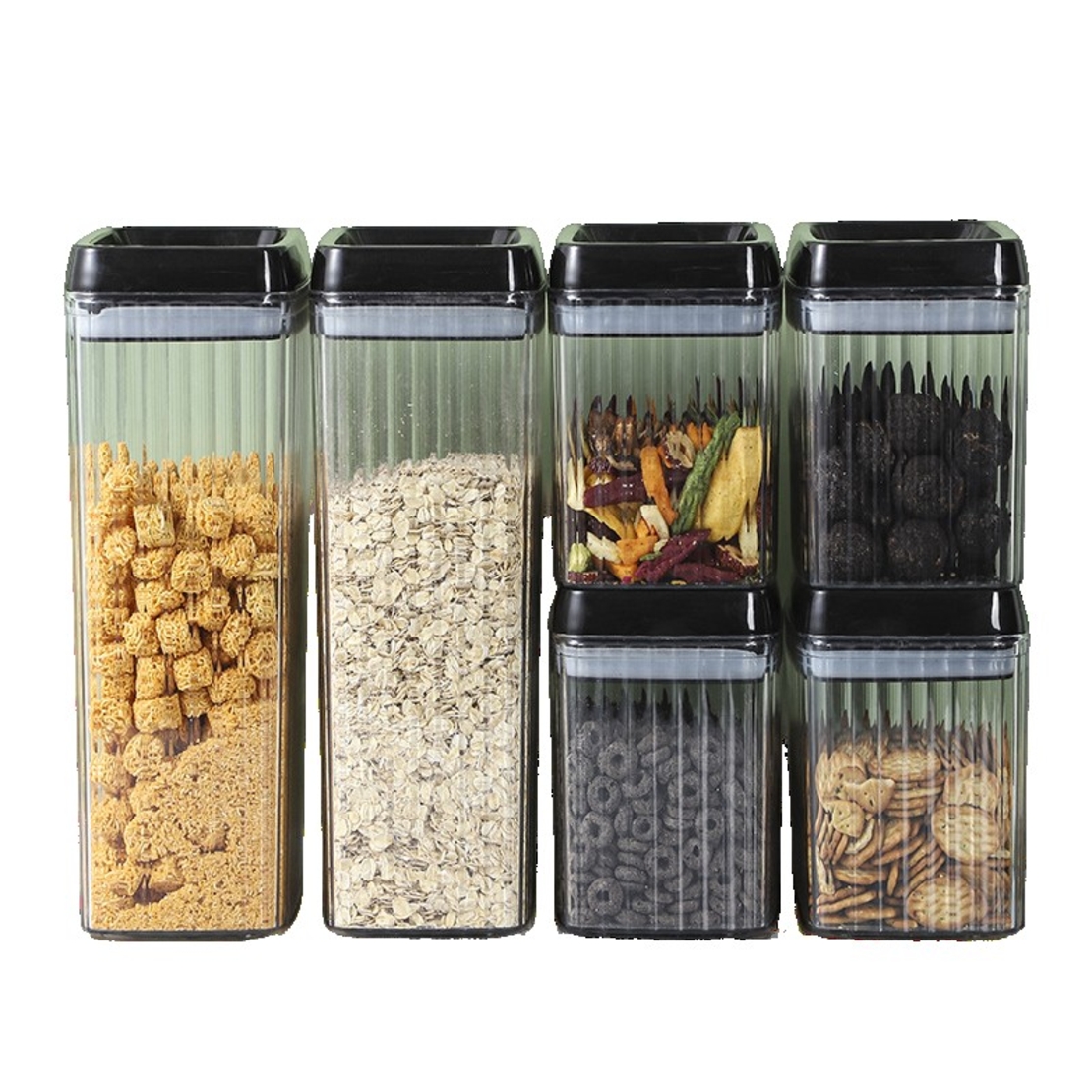 Set 6 Recipiente din Plastic, Flippy, pentru Alimente/Obiecte, Inchidere Ermetica, Textura Ondulata, 4 x 1.5l, 2 x 3.3l, Transparent