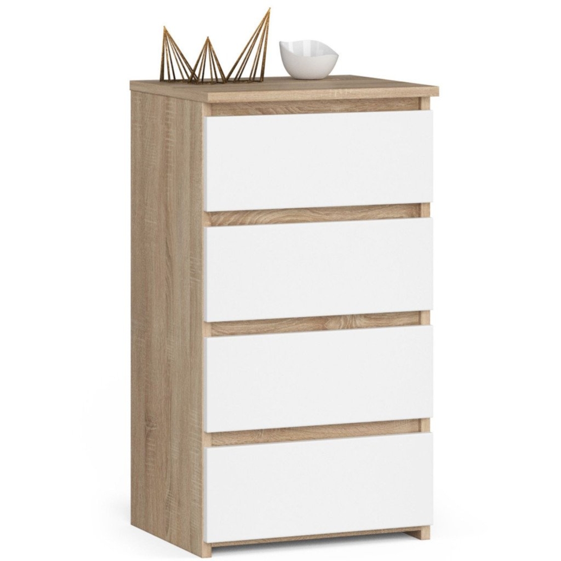 Comoda cu 4 sertare, PAL laminat 16mm, 40x35x74 cm, stejar sonoma si alb