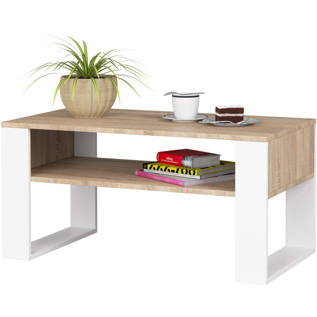 Masuta de cafea Domi cu raft inferior, blat laminat, 92x50x45 cm, stejar sonoma si alb