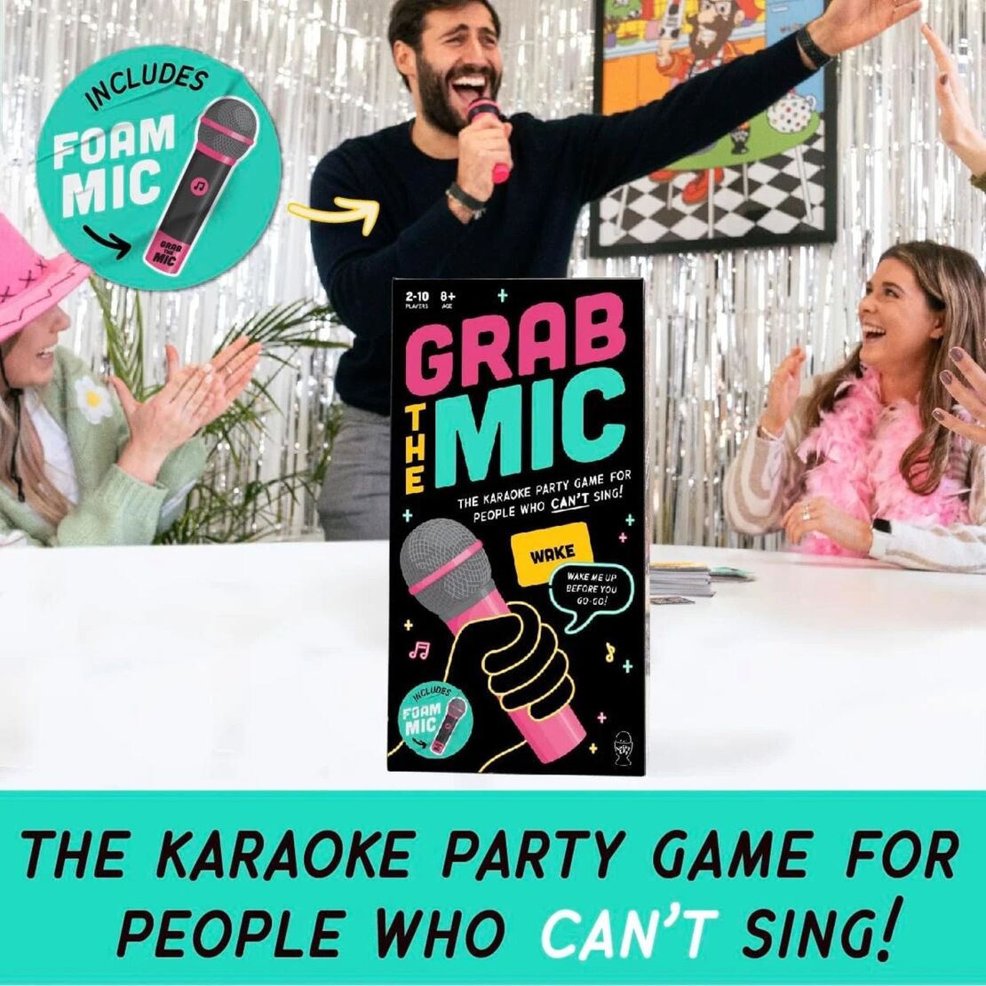 Joc de Societate Grab The Mic, Flippy, Tip Karaoke, 125 de Carti cu Cuvinte, Microfon din Spuma, Tabla de Joc, Jetoane, 11.5 x 22 x 7 cm, Negru/Roz