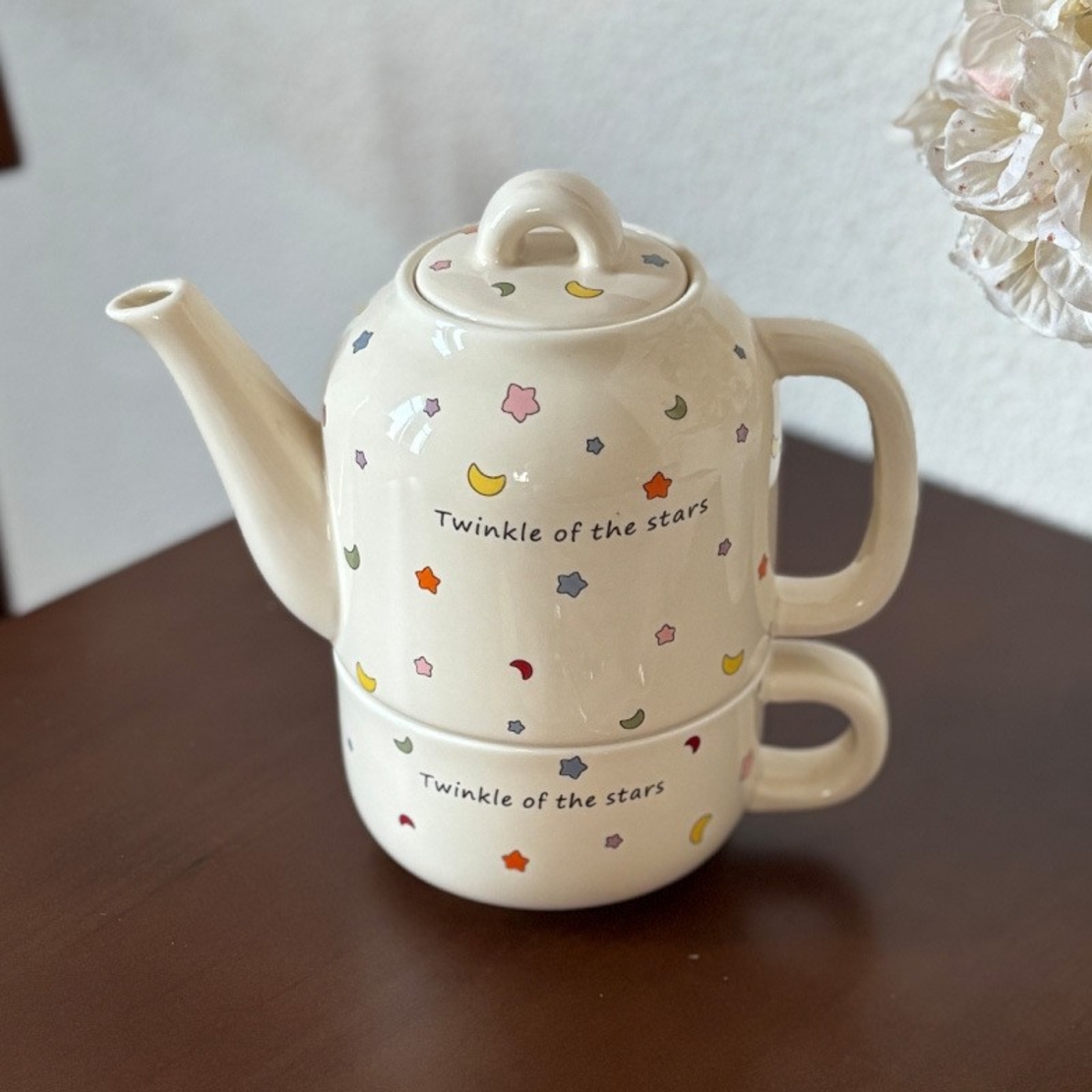 Set de Ceai, Flippy, Ceainic cu Ceasca pentru Uz Casnic, Stele cu Luna, Set de Ceai pentru Copii, Adulti, 18 x 17 x 13 cm, Alb Crem