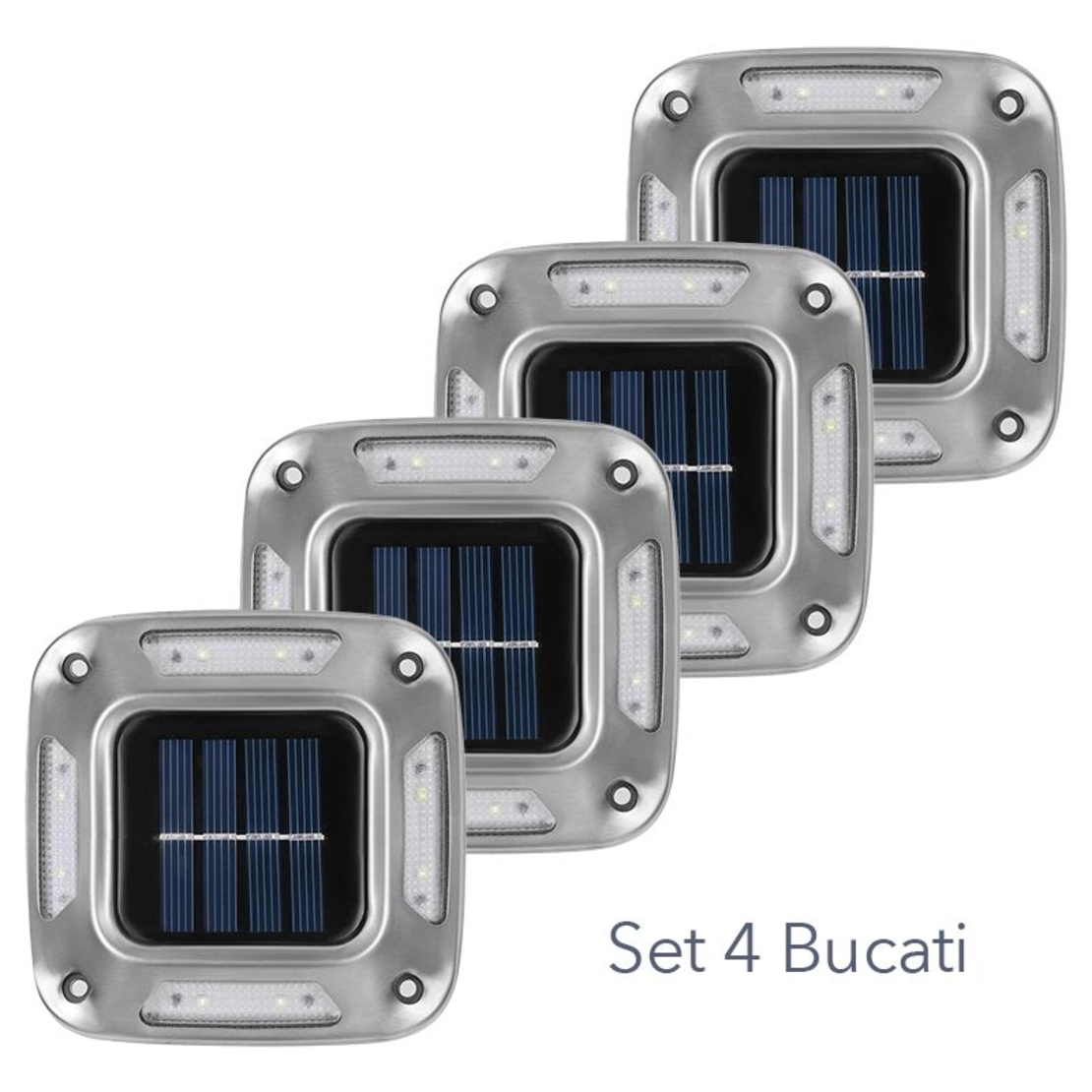 Lampa solara LED pentru gradina, Flippy, Set 4 Bucati, 8 LED-uri, Prindere de Perete / Impamantare, IP65, forma patrat, ABS si Policarbonat, 9 x 9 cm, baterie 1.2V, 600 mah, Alb Rece, Gri