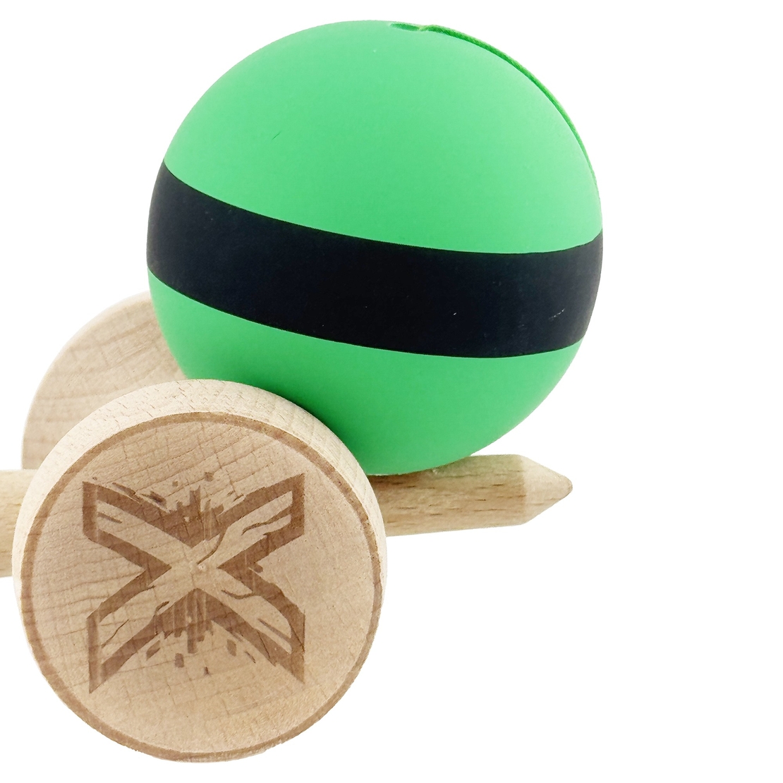Kendama X Originala, Profesionala, Flippy, Cupe Mari KING SIZE V3, Rubber Grip, Gaura in Baza, Rulment Metalic, din lemn 18 cm, Ata 62/65 cm, M Bicolor Verde Dublu/Negru