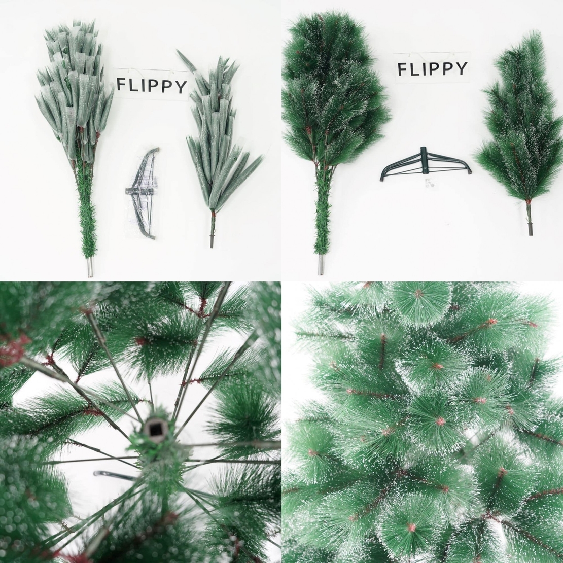 Brad artificial de Craciun tip pin inzapezit, inaltime 150 cm, diametru 85 cm, 160 ramuri cu ace 3D 12 cm, Flippy, verde cu varfuri ninse, suport metalic inclus