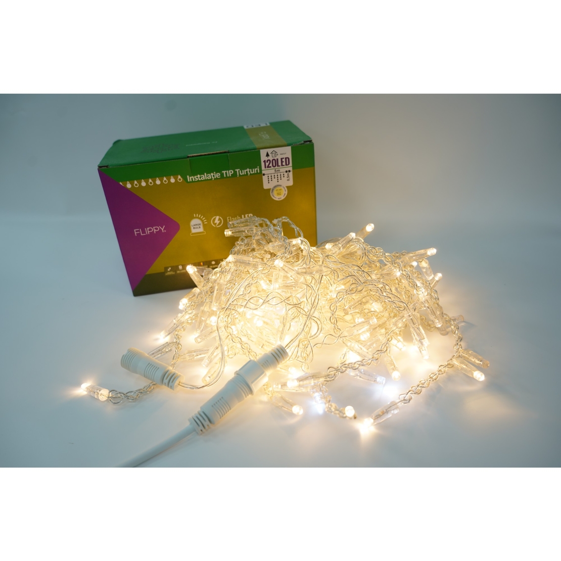Instalatie de Craciun Vafy® Tip Turturi, Franjuri cu Flash, IP65, Sectiune 5 m, 120 LED-uri, Interconectabila, Fir Transparent, Alb Cald, Interior/Exterior