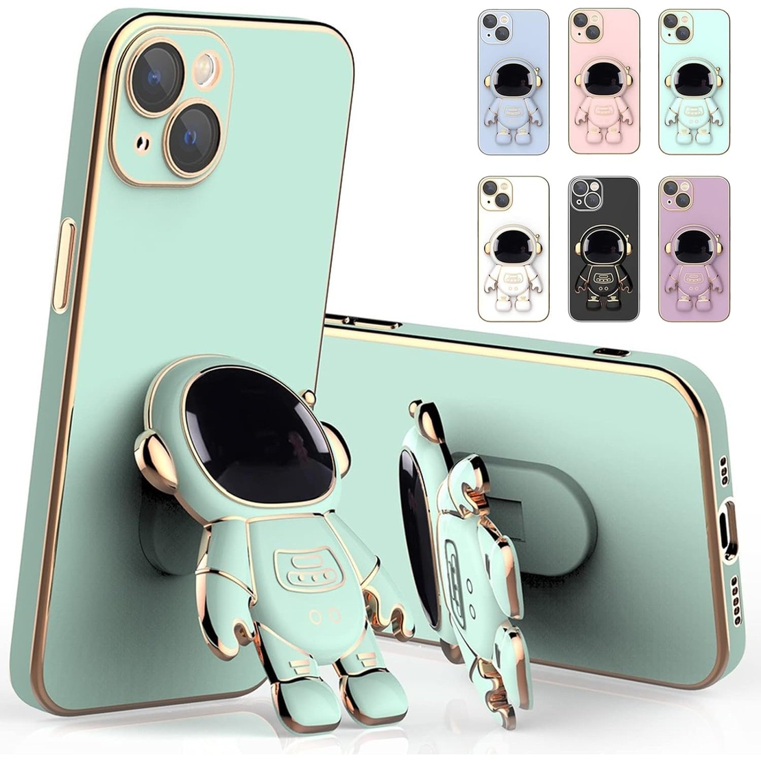 Husa de Protectie TPU 2in1, Vafy, pentru Apple iPhone 14, Astronaut cu Suport, Antisoc, Rezistenta la Impact, Protectie Camera, Verde