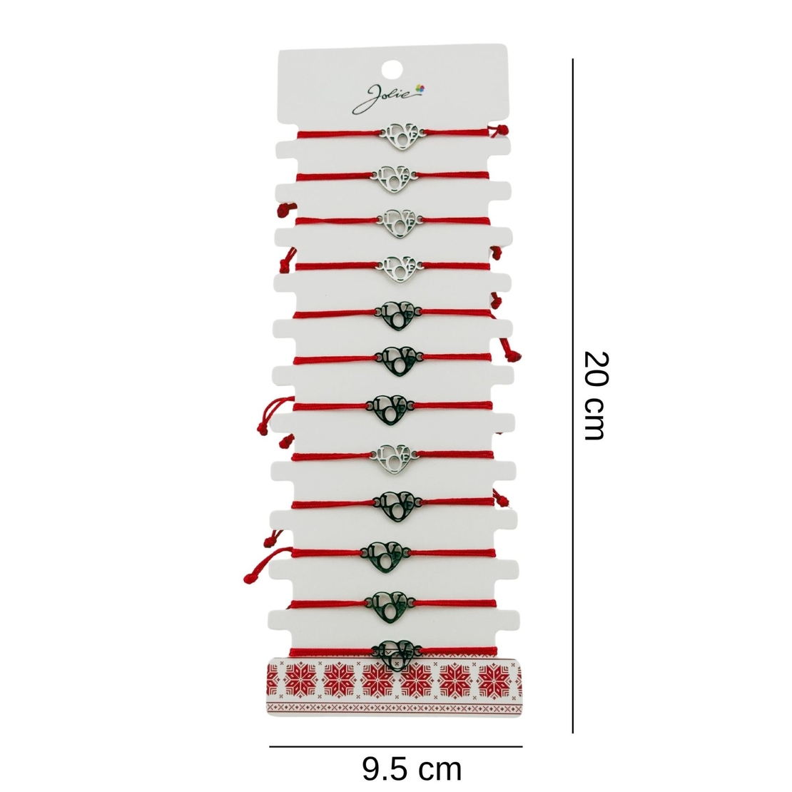 Bratara Martisor pentru Dama, Jolie, Model Inima Love, Set 12 bucati, Pandativ Argintiu din Inox cu Snur Rosu Ajustabil
