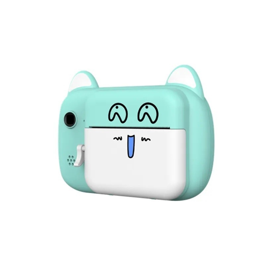 Camera Instantanee pentru Copii, Flippy, Camera Frontala + Selfie, cu Functie de Printare, Cablu USB-C, Bluetooth, Compatibil iOS/Android, Imprimare APP, Model Pisica Smiley Face, Verde