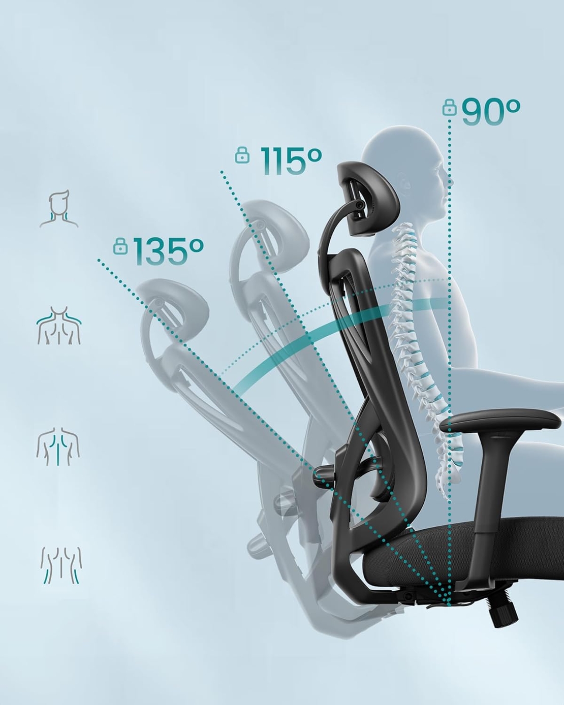 SONGMICS Scaun de birou ergonomic reglabil cu suport lombar si tetiera, maxim 120 kg, 70x70x125 cm, negru