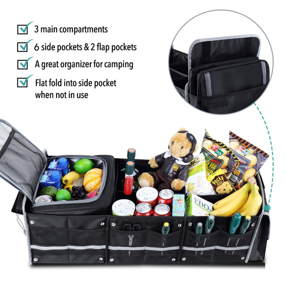 Organizator Auto pentru Portbagaj, Flippy, Model Pliabil, din Panza, cu Geanta Termoizolanta Detasabila, 3 Compartimente, Curele Ajustabile, 90 x 35 x 30 cm, Negru