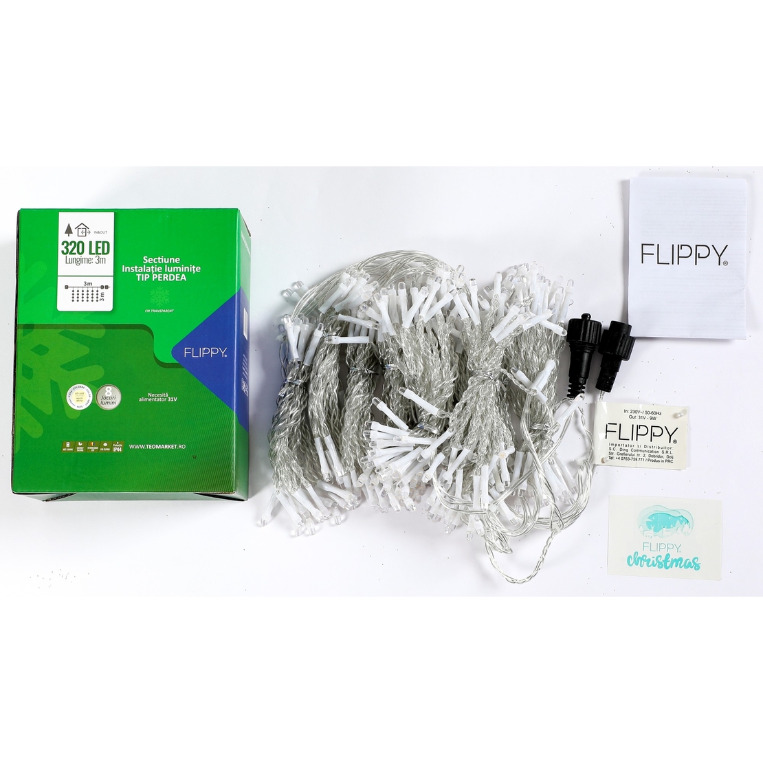 Sectiune Instalatie de Craciun Vafy Tip Perdea, cu 8 jocuri de lumini, 3 m x 3 m, 320 LED-uri, Interconectabila, Fir Transparent, Alb Cald