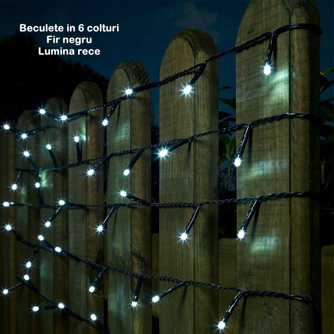 Instalatie Craciun YOTO Liniara 100 LED 9 m + 1 m Beculet cu 6 unghiuri Alb Rece fir negru