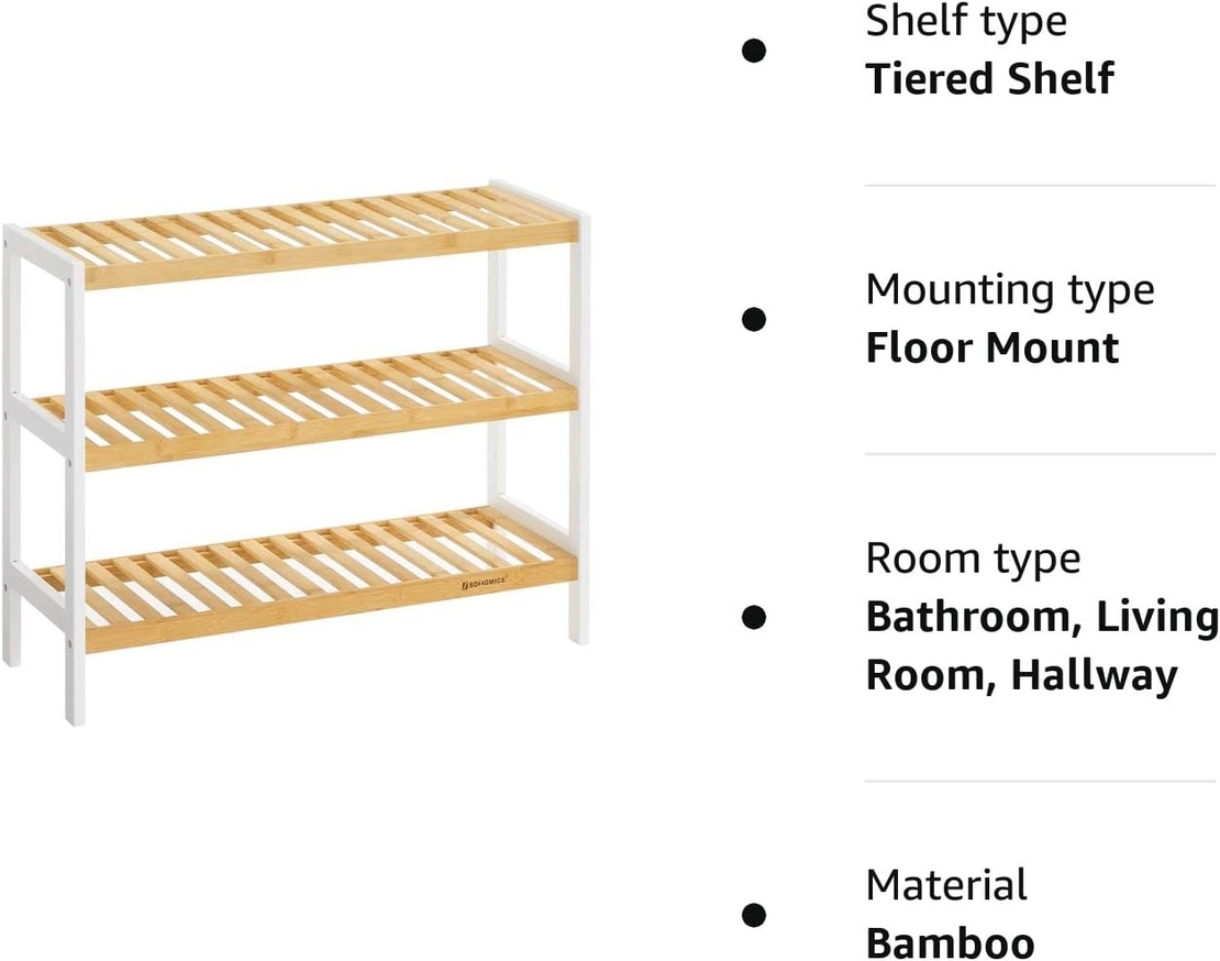 SONGMICS Raft de depozitare din bambus, cu 3 niveluri, 26x70x55cm, alb si maro