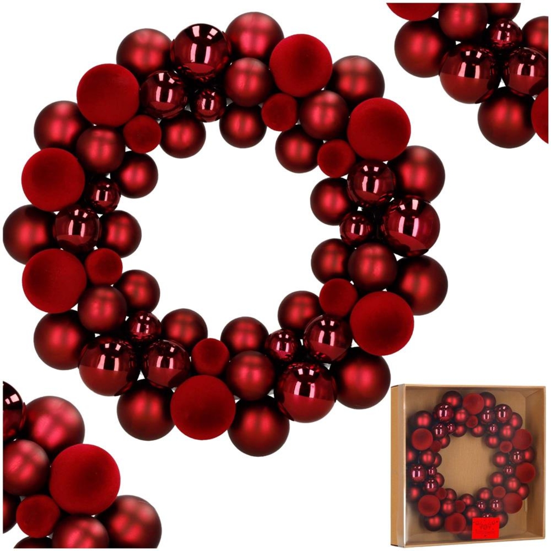 Coronita decorativa cu globuri rotunde, 55 bucati, plastic, 2.5–4.5 cm, rosu