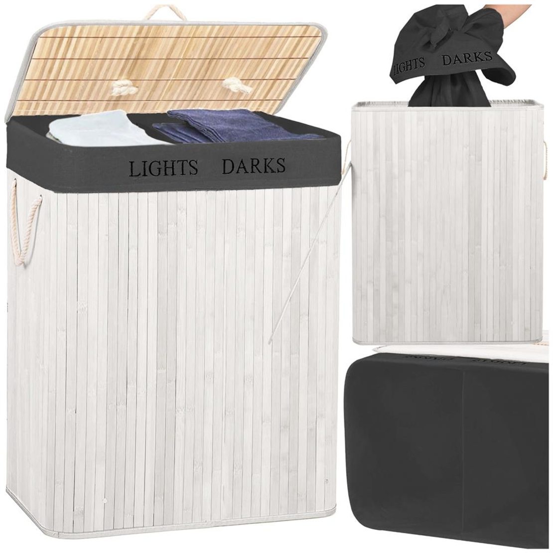 Cos pentru rufe din bambus, pliabil, cu 2 compartimente, volum 105 L, 63x52x33 cm, alb si gri inchis