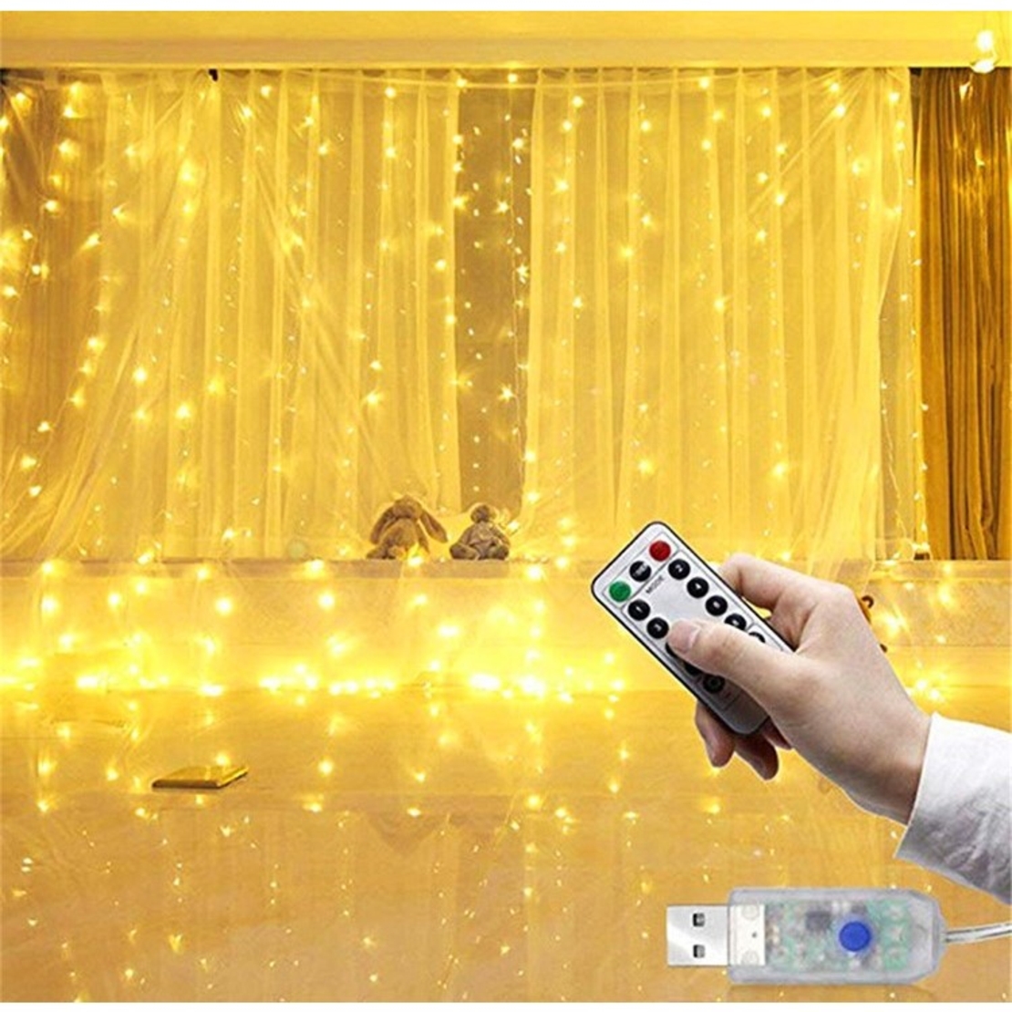 Instalatie Craciun, Tip Perdea IP44, 3m x 1m, 100 Led-uri, Alb cald, USB si telecomanda cu 8 functii, Vafy