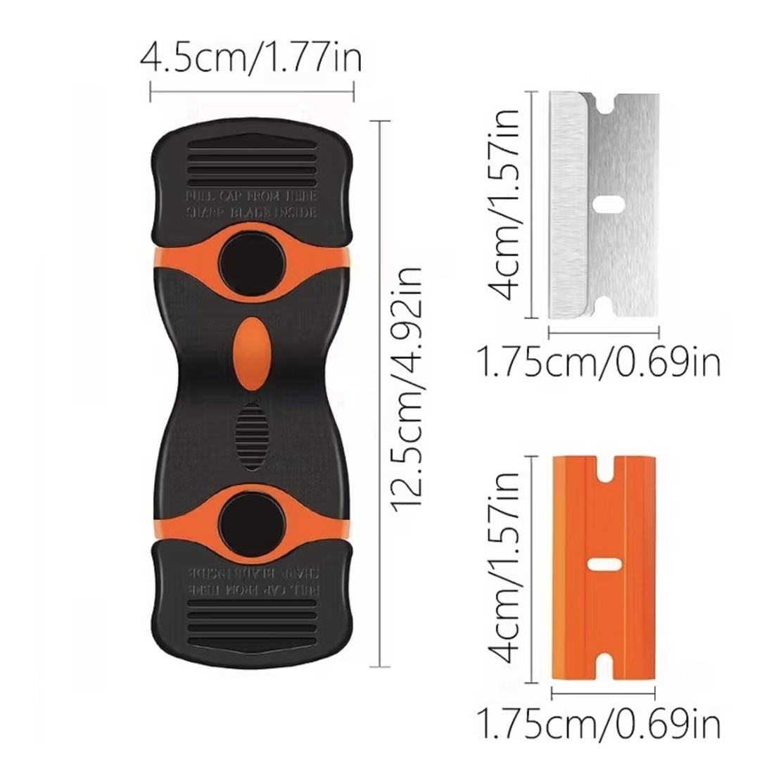 Racleta Multifunctionala pentru Curatare Sticla si Ceramica, Flippy, Design Ergonomic, Maner Anti-alunecare, Include 20 de Lame de Schimb, 12,5 x 4,5 cm, Portocaliu